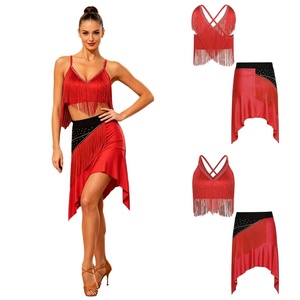 Conjunto de Top Corto sin Mangas con Flecos y Falda para Baile Latino, Cuello en V, para Entrenamiento de Cha Cha y Tango, Venta al Por Mayor para Mujeres - Product Image 3