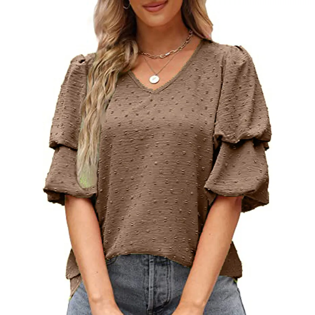 New Design Casual Ladies Puff Sleeve Fashionable Shirts Dot Blouse Women Tops