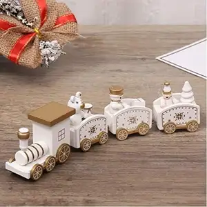 Happy Trees Train de Noël en bois de 4 pièces avec bonhomme de neige, ensemble de décor de mini train pour la fête de Noël, train de Noël