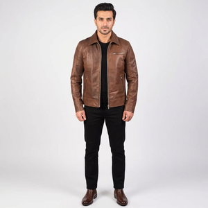High Quality Distressed Genuine Lambskin Brown <b>Men's</b> Vintage Breathable <b>Leather</b> <b>Jacket</b> Wholesale OEM Serviced Autumn Season - Product Image 1