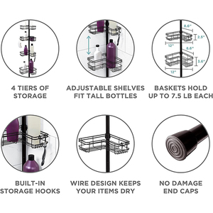 Porte-accessoires de douche mural noir mat, 4 niveaux, avec rangement <span class=keywords><strong>pour</strong></span> rasoir, crochets et <span class=keywords><strong>barre</strong></span> porte-serviettes <span class=keywords><strong>pour</strong></span> salle de bain - Product Image 6