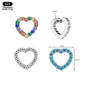 Boucles d'oreilles en titane en forme de cœur avec incrustation de zircon 7 mm G23 ASTM F136 Bijoux de piercing tendance - Product Image 1
