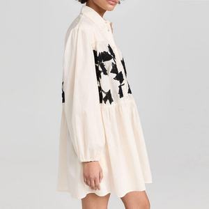 Vestido Camisero Mini de Algodón y Lino de Alta Calidad con Bordado Floral y Manga Larga para Mujer, Gran Venta - Product Image 3