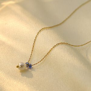 French Baroque Style Pearl Necklace With Blue Stone Teardrop Clavicle Chain For Women Daily Wear 316 Stainless Steel - Product Image 2