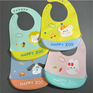 Baberos de silicona Happy Zoo tipo arco de 0 a 12 meses con estampado de dibujos animados, baberos impermeables para alimentación de bebés - Product Image 4