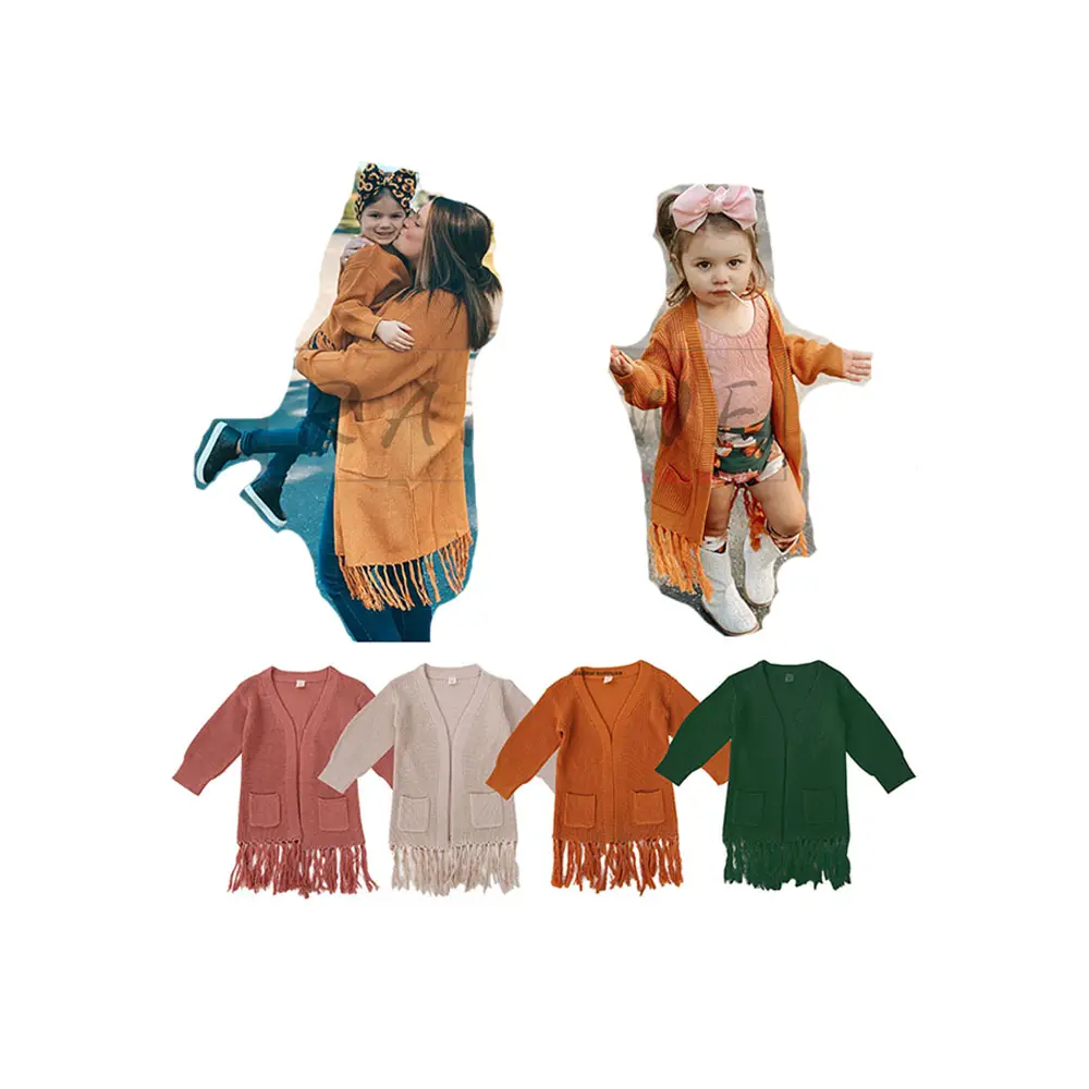 Rarewe Fast Shipping Candy Color Kids Long Knitted Sweater Toddler Fringe Cardigan With Pockets