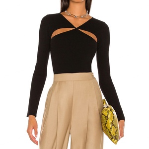 เสื้อสเวตเตอร์แขนยาวคอวีเซ็กซี่สำหรับผู้หญิงทันสมัย สีดำ ผ้าถักริบบ์ - Product Image 1