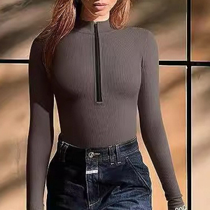 Body da donna a maniche lunghe 2025, slim fit, a costine, intero, con cerniera frontale, nuovo modello aderente, alla moda - Product Image 6