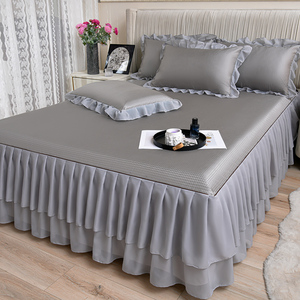 Ensemble de 3 pièces de tapis rafraîchissant en soie glacée d'été, style jupe de lit, couleur unie, avec dentelle, lavable en machine, 120x200cm 180x200cm - Product Image 3