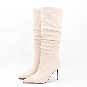 Light Soft Upper Pleated Pointy Toe Women's Boots Thin High Heel <b>Shoes</b> Denim Big Size 46 Knee High Boots - Product Image 6