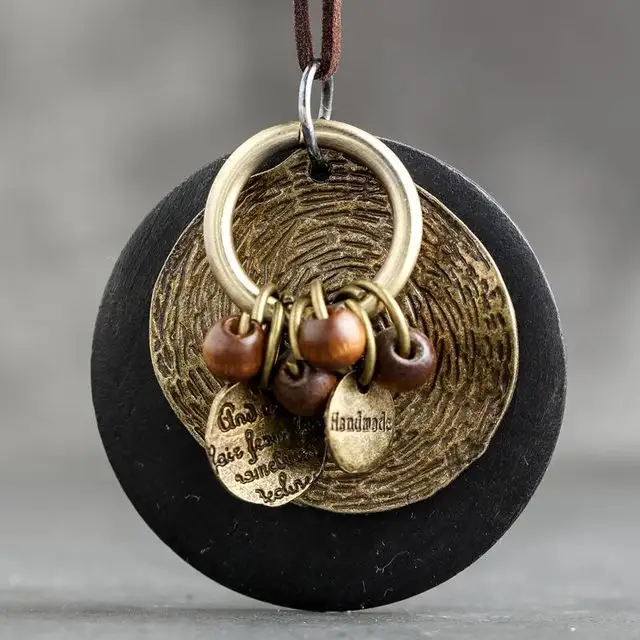 Vintage Bohemian Wood Jewelry Necklace Long Chain Necklace Brown Leather Cord Pendant Necklace for Women and Men