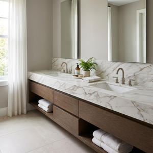 Encimera de Cuarzo con Tecnología 3D, Diseño Artístico Moderno, Vetas Moradas, para Baño, Superficie Comercial - Product Image 1