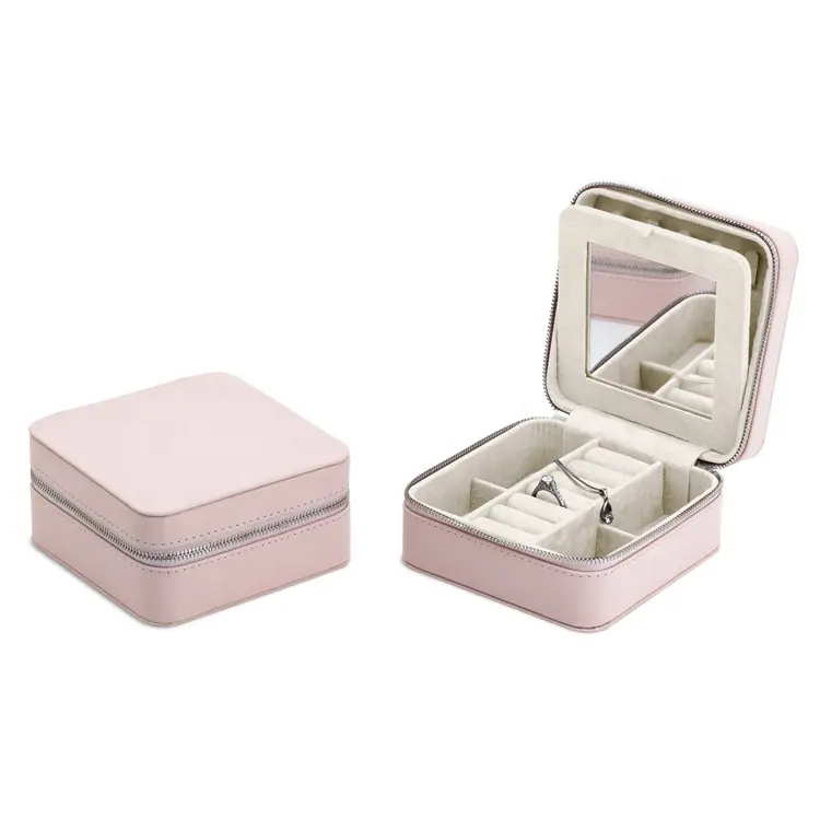 Custom Small PU Leather Velvet Cardboard Box Square Travelling Jewelry Box With Movable Mirror And Zipper