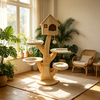Arbre à chat TreeHaus moderne et luxueux, en forme d'arbre, avec maisonnette en bois, bol en acrylique, perchoirs rembourrés, 4 niveaux, pour chats d'intérieur