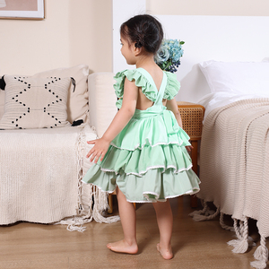 Robes de princesse pour enfants en coton respirant et écologique, style campagnard <span class=keywords><strong>chic</strong></span>, vente en gros ODM - Nouveauté été, manches volantées vertes - Product Image 6