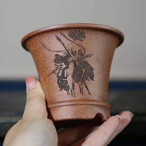 Maceta de Bonsái de Arcilla Morada Hecha a Mano con Diseño Nezha Cocida al Horno, Macetero de Escritorio - Product Image 1