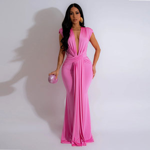 2024 nuevo verano Sexy vestido de cuello en V profundo Color sólido vestido sin mangas moda cintura alta vestido largo para mujeres - Product Image 2
