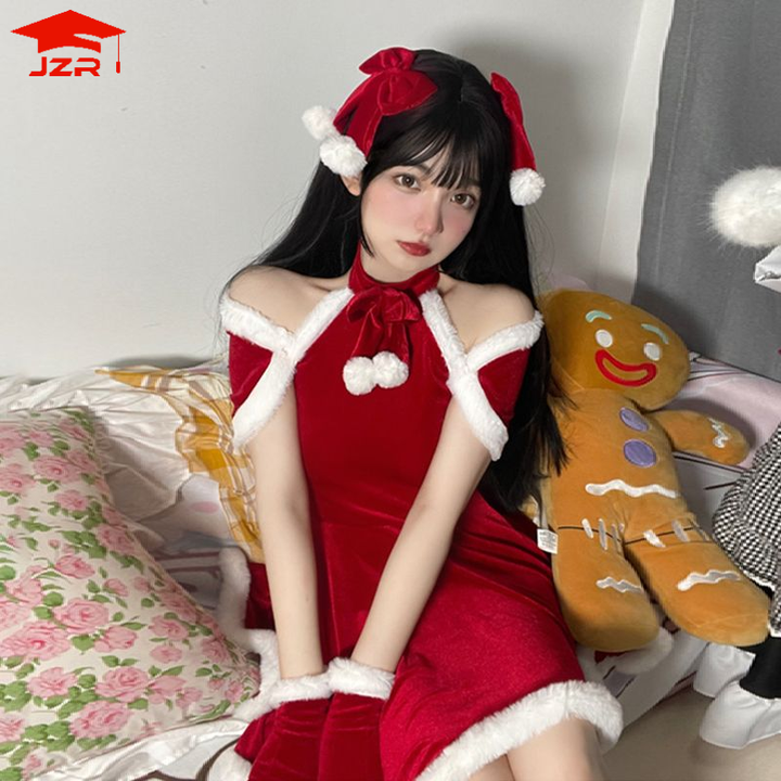 Sweet Christmas Red Plush Autumn Winter Dress Suit Women Sexy Party Mini Dress Female Kawaii New Year 4 Piece Set Sexy Cosplay