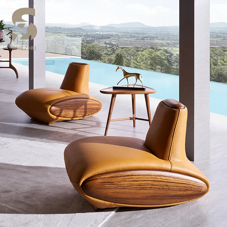 अद्वितीय डिजाइन बिना हाथ ठोस लकड़ी एकल सीट आधुनिक ब्राउन चमड़े के सोफे कुर्सी असली लेदर कमरे में रहने वाले अवकाश सोफे कुर्सी