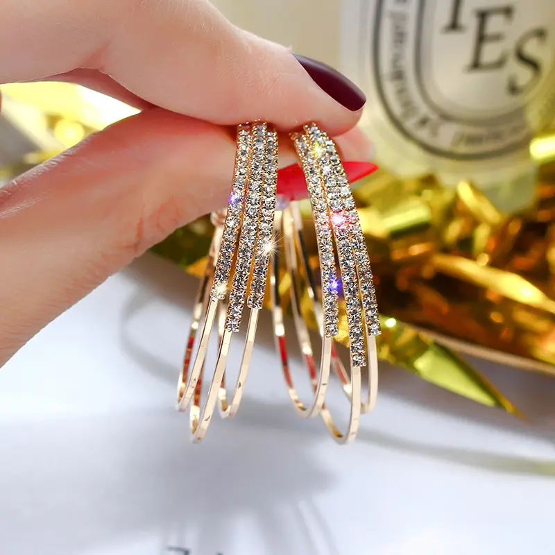 925 Silver Needle Exaggerated Full Diamond Geometric Round Earrings Korean Style Temperament Wholesale C-shaped Hoop Earrings