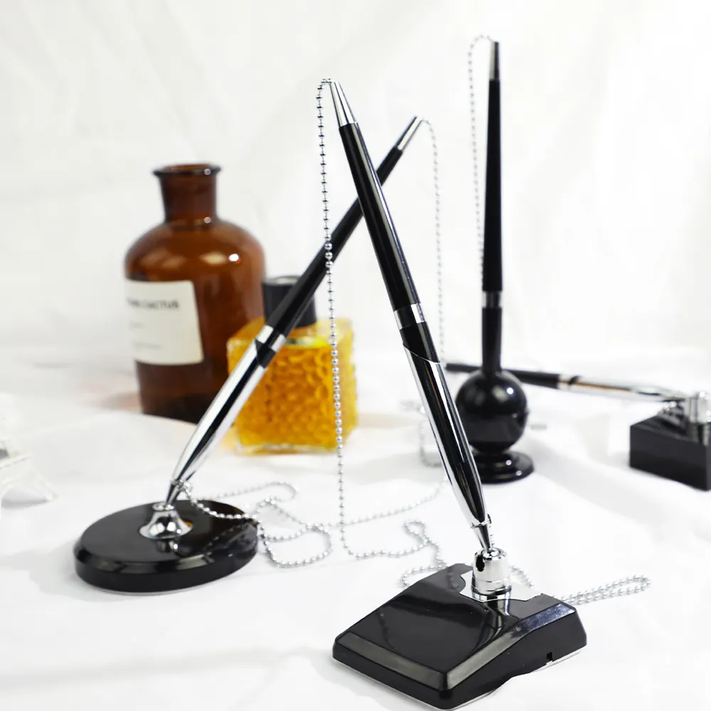 Siyah mürekkep sayacı imza kalem ile yapışkan kalem standı tabanı Boligrafos De Escritorio bankalar ofis masa kalemi zinciri ile