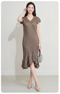 PY 2026 Novedades Vestido Casual Ecológico Plisado para Mujer, Moda con Cuello Redondo, Texturizado, Elegante, con Volantes, Largo hasta la Rodilla, Cintura Natural - Product Image 6