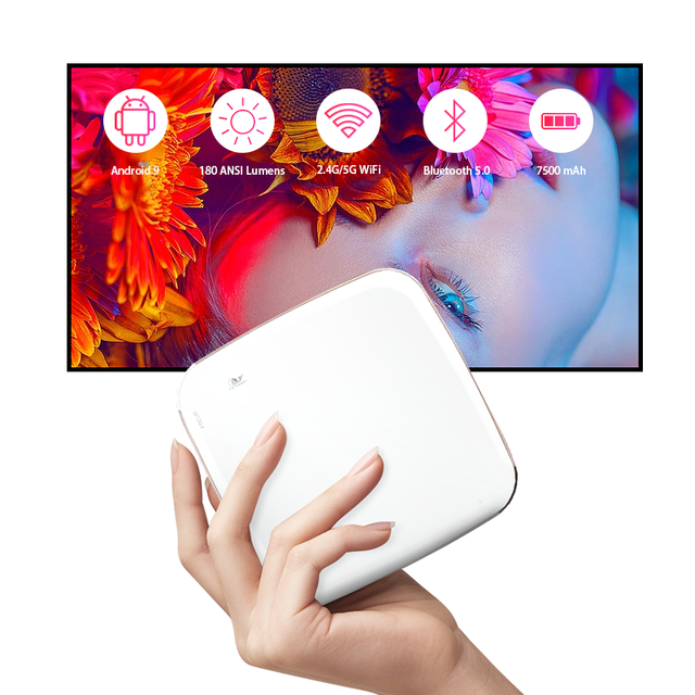 S-180 Homan Android 9 4K 1080P Smart LED DLP Projector 180ANSI Lumens 3D Built-in Battery HIFI Stereo Speakers Portable Pico