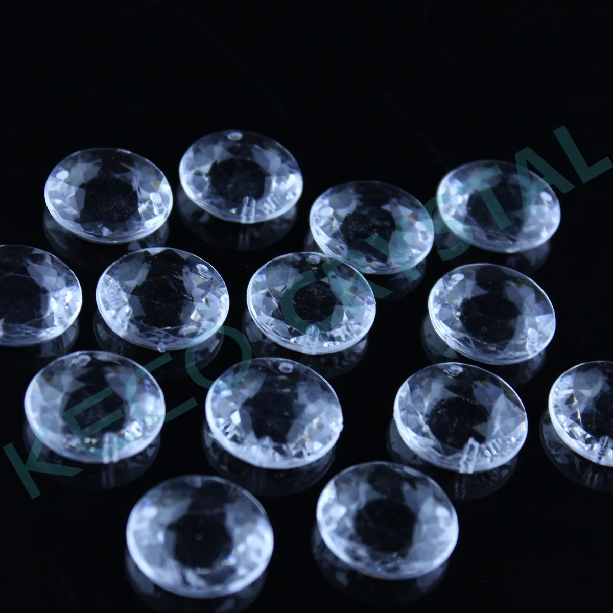 Wholesale of acrylic round beads with 2 hole, the plastic round beads can be used for chandelier, home decoration and curtain