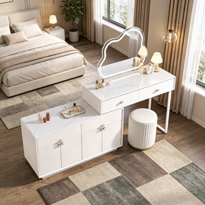 Coiffeuse moderne blanche avec miroir LED Cloud, meuble de rangement et tabouret pour chambre à coucher - Product Image 6