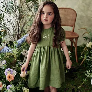 New Baby Girls Princess Dress Kids Puff Sleeve Embroidery Skirt Sweet Linen Dresses