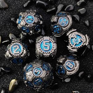 Dés de jeu de table DND TRPG en alliage de zinc, polyédriques, écologiques, durables, 7 pièces, argent poli, vert vif, engrenage creux, style steampunk - Product Image 4