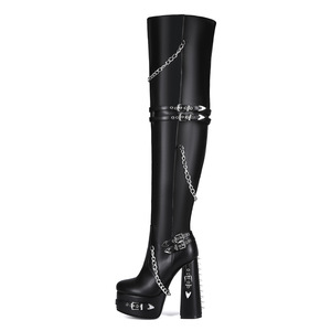 Bottines noires de haute qualité, style Y2K, rivets punk gothiques, semelle épaisse, talon bloc, grande taille 44, pour femmes, au-dessus du genou - Product Image 2