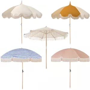 מותאם אישית עץ מוט נייד חיצוני UV שמש הגנת פרינג 'פטיו שמשיות מטריות עם גדילים, חוף מטריית יצרן