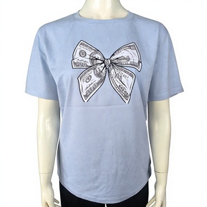 Camiseta Azul Claro para Mujer Bowknot Graystar, Cuello Redondo, Manga Corta, Logotipo Tejido, Jersey de Algodón, Casual, Hombros Caídos, Transpirable - Product Image 1