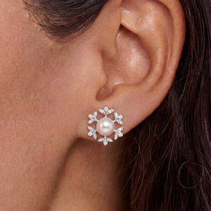 Snowflake Freshwater Pearl <b>Studs</b> <b>Silver</b> Plated Copper Jewelry Elegant Winter Holiday Gift for Women - Product Image 5
