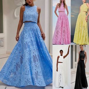 Ensemble deux pièces en dentelle bleue pour femmes Maxfree, haut sans manches à bretelles, jupe longue, élégant, broderie florale, printemps été - Product Image 2