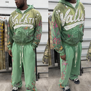 Các Nhà Sản Xuất Tùy Chỉnh Cắt Đau Khổ Zip up Sweatsuit Rhinestone Thời Trang Phố Tracksuit Baggy Flared Sweatpants Và Áo Bộ - Product Image 1