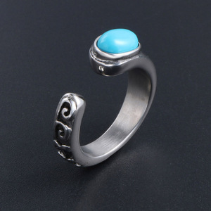 Titanium Steel Retro Geometric U Shape <b>Ring</b> With <b>Turquoise</b> Black Red Gemstone Bezel Setting Unisex Fashion Jewelry SA364 - Product Image 2