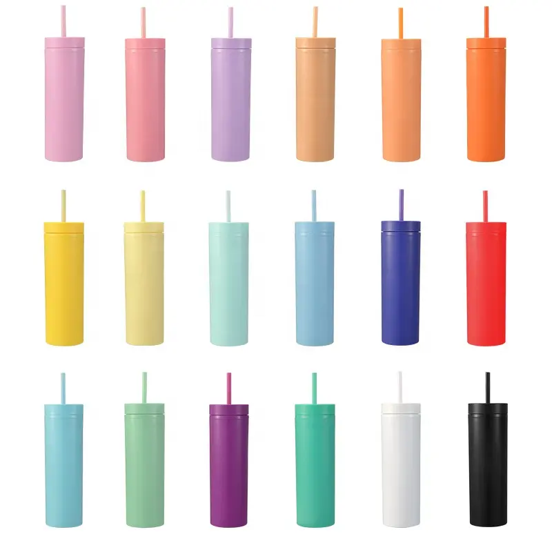 450ml Double Wall Matte Plastic Bulk Tumblers Colorful Acrylic Cups Bottles With FREE Straw Cleaner