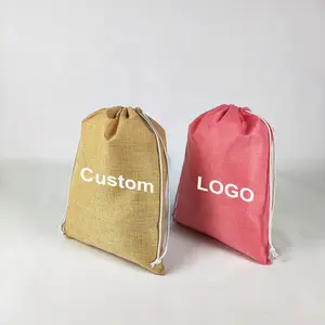 新款时尚小黄麻拉绳礼品袋便携式购物亚麻黄麻背包拉绳袋，带定制标志尺寸