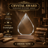 Plaque de récompense en cristal vierge en forme de goutte d'eau avec base en bois, gravure laser personnalisée, trophée pour entreprises, vente en gros