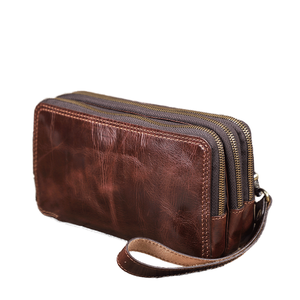 Cartera de Mano Unisex de Cuero Genuino Estilo Vintage Minimalista con Múltiples Cremalleras, Bolso de Poliéster, Organizador de Teléfono, Bolsa Cruzada, Venta al por Mayor - Product Image 1