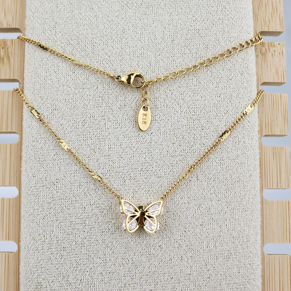 Delicate 18K Gold Plated Pendant Double Side Butterfly Necklace Stainless Steel Zircon Stone Jewelry For Women