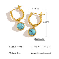 Boucles d'oreilles créoles pendantes en acier inoxydable plaqué or 18 carats avec pierre naturelle turquoise pour femme, style vintage, cadeau de fête, vente en gros, OEM
