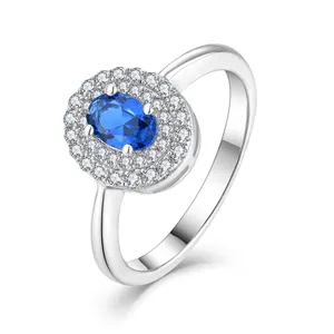 Qingxin custom OEM design 925 Sterling Silver Blue CZ zirconia Wedding Rings for Women Simple solitaire Geometric