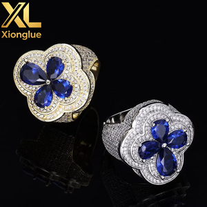 Men's Trendy Hiphop Customize <b>Ring</b> Copper Gold Plated Four Leaf Princess Cut Zircon Green Red Gemstone Flower <b>Iced</b> - Product Image 4