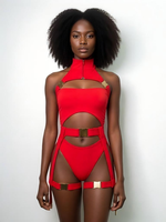 Baju Monokini Seksi Grosir Model Cutout untuk Karnaval, Kerah Tinggi dengan Ritsleting, Bodysuit Satu Potong dengan Tali Garter Berbahan Metal, Logo Kustom OEM
