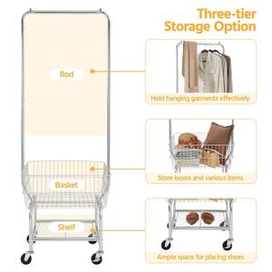 Panier à linge roulant, concierge de blanchisserie commercial avec panier de rangement en fil métallique, chariot à linge en métal avec barre de suspension - Product Image 3