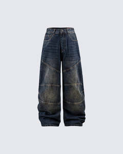 Jean en denim vintage pour homme, coupe large, délavé, patchwork, coupe ample, bleu, style streetwear - Product Image 1