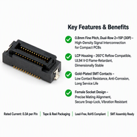 Connecteur Board-to-Board (BTB) ER-15P-F, Prise Femelle, Pas de 0,8 mm, 2x15P 30P Double Rangée, SMT LCP, Plaqué Or, 0,3A, Conformité RoHS